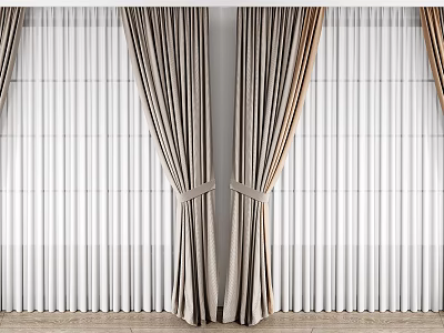 Striped Curtains With Tied Detail And Sheer White Backdrop For Modern Interior 3d model