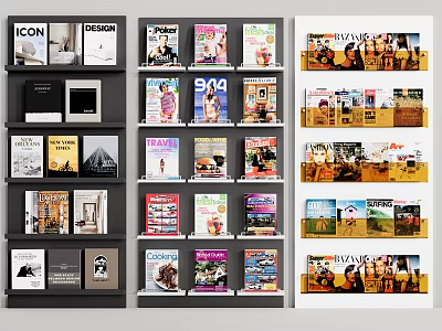 Books And Magazines Display On Shelves With Colorful Covers And Various Titles 3d model