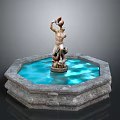Outdoor Decorative Fountain With Octagonal Stone Base Blue Water And Sculpted Figure
