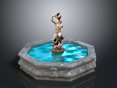 Outdoor Decorative Fountain With Octagonal Stone Base Blue Water And Sculpted Figure 3d model