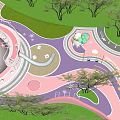 Modern Garden Landscape With Decorative Curved Pathways Circular Structure Green Lawns Trees And Seating Areas