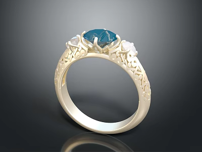 Exquisite Gold Ring With Blue Gemstone And Intricate Carved Patterns For Elegant Jewelry Collection 3d model