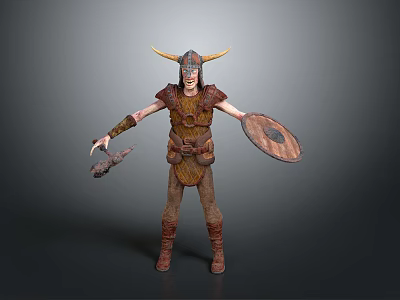 Viking Warrior Character With Horned Helmet Leather Armor And Shield 3d model