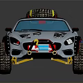 Silver Custom Off Road Vehicle With Large Tires Roof Rack And Body Graphics