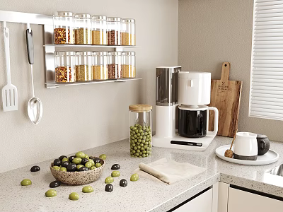 Transparent Glass Spice Jars on Wall Mounted Rack in Modern Kitchen Countertop with Organized Spices 3d model