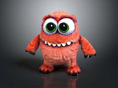 Cute Red Furry Monster Character With Big Green Eyes And Toothy Smile 3d model