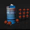 Basketball Training Setup With Blue Barrel Hoop And Multi Tiered Storage Racks