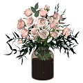 Decorative Ornament Set with Brown Vase Pink Roses and Green Leaves for Home Interior Decoration