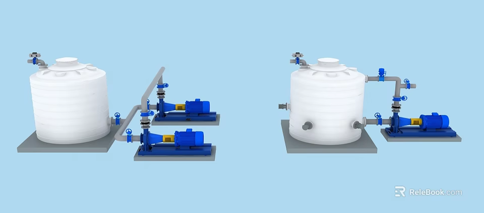 Industrial Equipment System For Fluid Handling Featuring White Storage Tanks Blue Pumps Pipes And Valves 3d model 