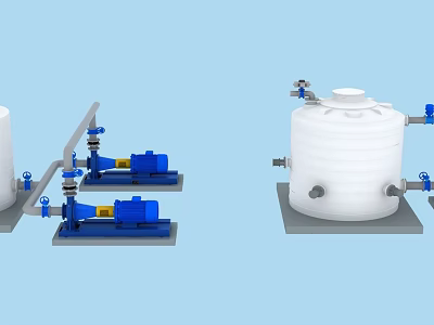 Industrial Equipment System For Fluid Handling Featuring White Storage Tanks Blue Pumps Pipes And Valves 3d model
