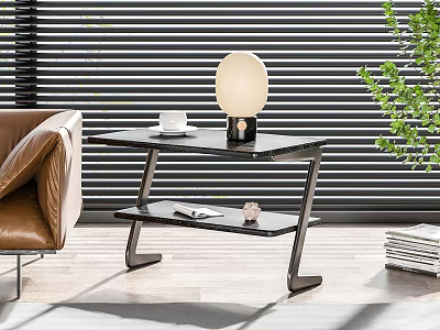 Modern Living Room Side Table With Glass Top Metal Frame Lamp And Coffee Cup 3d model