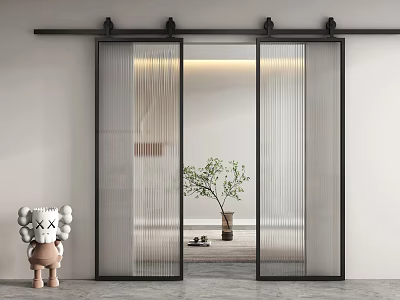 Modern Barn Door With Glass Panels And Black Track In Minimalist Home Interior 3d model