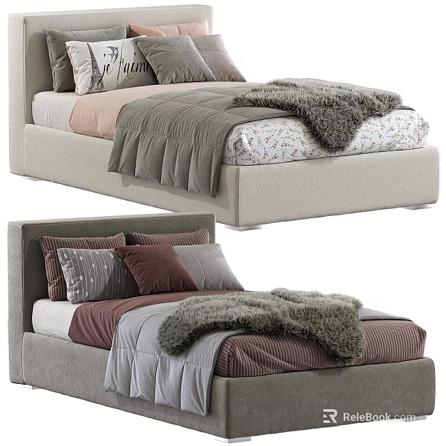 Modern Kids Bed with Gray Pink Purple Bedding Plush Blankets and Decorative Pillows 3d model 