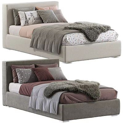 Modern Kids Bed with Gray Pink Purple Bedding Plush Blankets and Decorative Pillows 3d model