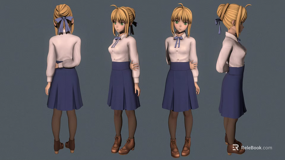 Anime Style Character Model with Blonde Hair Blue Ribbon White Shirt and Blue Pleated Skirt 3d model 
