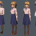 Anime Style Character Model with Blonde Hair Blue Ribbon White Shirt and Blue Pleated Skirt
