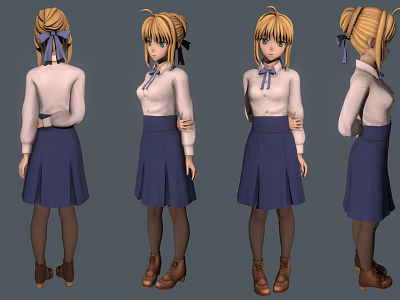 Anime Style Character Model with Blonde Hair Blue Ribbon White Shirt and Blue Pleated Skirt 3d model