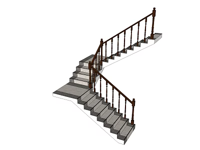 Modern Turning Staircase Design With Wooden Railing And Gray Steps 3d model