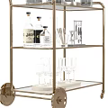 Elegant Gold Frame Three Tier Glass Bar Cart With Bottles Wine Glasses And Tools