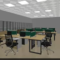 Modern Office Workspace With Desks Green Dividers Black Chairs And Bookshelves