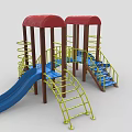 Colorful Playground Equipment With Red Canopies Blue Slides And Yellow Ladders