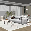 Cream Style Home Guest Restaurant Fabric Sofa Coffee Table Combination Round Coffee Table Dining Table and Chair Combination Backrest Dining Chair Leisure Sofa Chair Floor-to-ceiling Window Decoration Ornaments 3d model