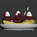 White Plate With Banana Ice Cream Sundae Topped With Chocolate Sauce Cherries And Whipped Cream