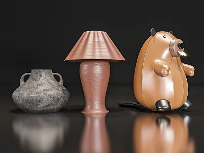 Decorative Ornament Set With Gray Two Handled Pottery Jar Brown Table Lamp And Beaver Figurine 3d model