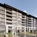 Modern Multi Story Residential Building Exterior With Glass Windows Balconies And Landscaped Water Feature Garden