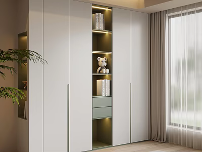 Modern White Wardrobe With Lighted Open Shelf Books Teddy Bear And Light Green Drawer 3d model
