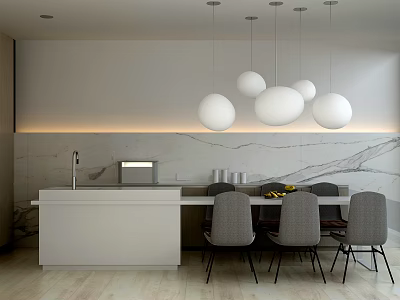 Modern Dining Table Set With Gray Chairs White Spherical Pendant Lights And Marble Wall 3d model