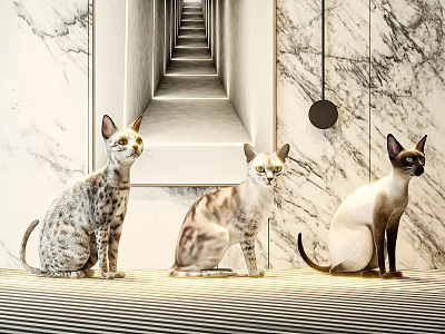 Three Cats Posing In Modern Interior With Marble Walls Long Corridor And Striped Floor 3d model