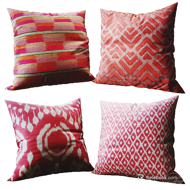 Red Decorative Throw Pillows With Geometric Patterns Stripes And Ethnic Designs 3d model