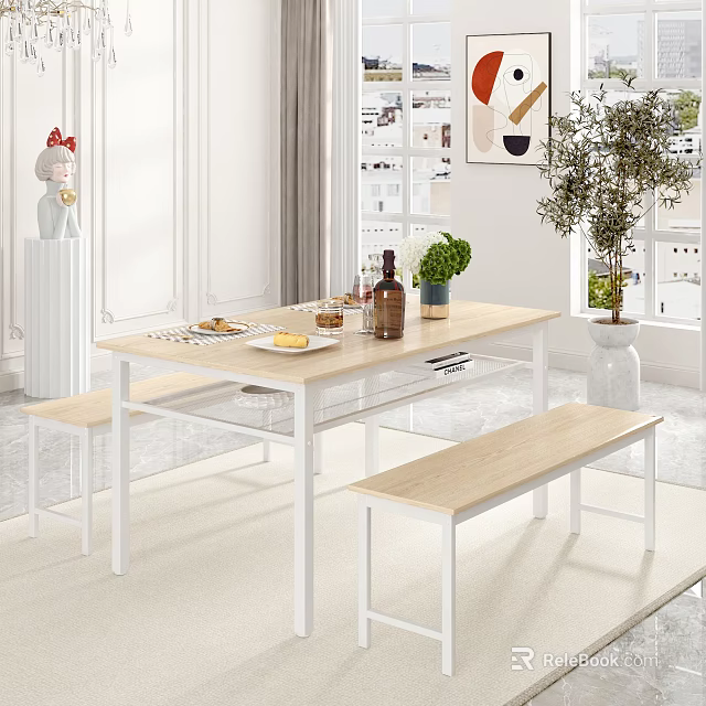 Modern Dining Table Set with Light Wood Benches White Frame and Decorative Plants 3d model