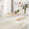 Modern Dining Table Set with Light Wood Benches White Frame and Decorative Plants 3d model