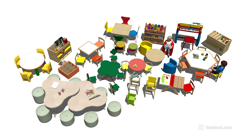 Colorful Children's Tables With Matching Chairs Stools And Storage Units For Kids Room 3d model 