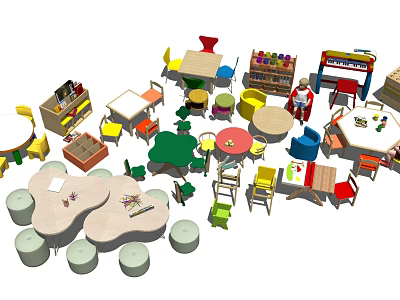 Colorful Children's Tables With Matching Chairs Stools And Storage Units For Kids Room 3d model