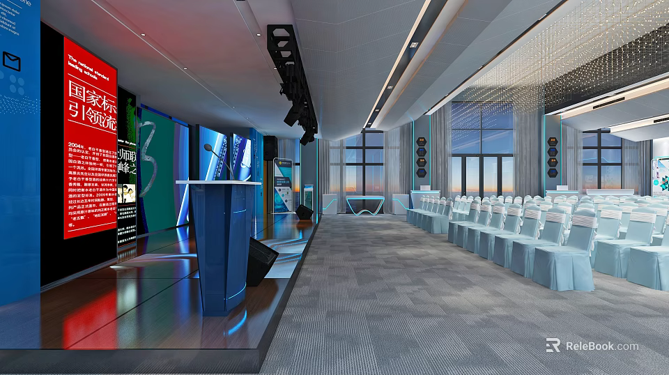 Modern Conference Hall Interior With Stage Podium White Chairs And Large Screen 3d model 