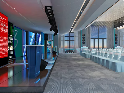 Modern Conference Hall Interior With Stage Podium White Chairs And Large Screen 3d model