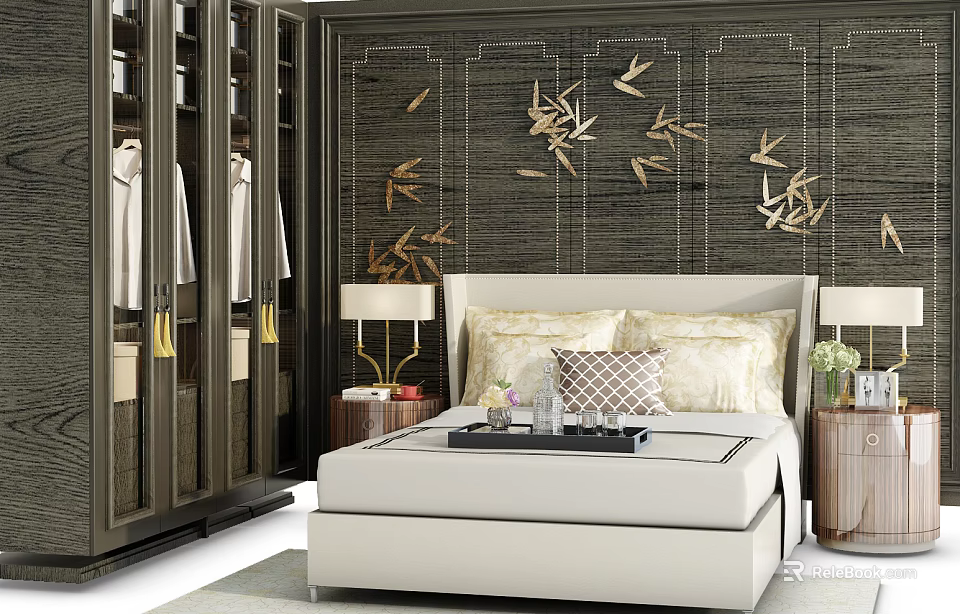 Modern Double Bed Interior With Bamboo Patterned Background Wall Wardrobe Nightstands And Lamps 3d model