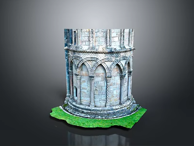 Detailed Stone Circular Building Model With Arched Structures And Green Grass Base 3d model