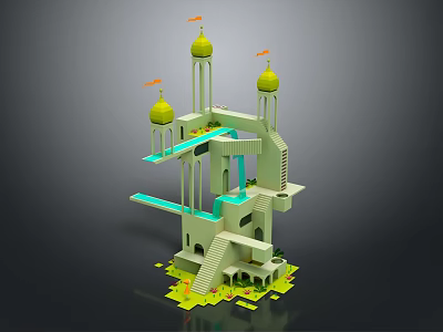 Playful Cartoon Scene With Green Domes Tall Towers Stairs And Light Green Structure 3d model