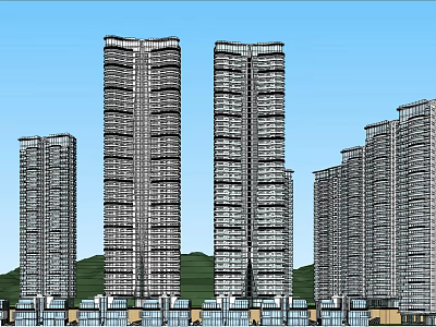 Modern High Rise Building Complex With Multiple Tall Structures And Green Hills Background 3d model