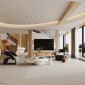 Modern Living Dining Area Interior Design With Sofa Coffee Table Circular Lighting And Marble Floor 3d model