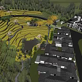 Traditional Village Scenery With Terraced Fields Cherry Blossom Trees And Forest Background