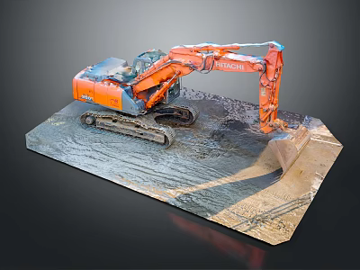 Orange Excavator Scale Model With Track Marks On Muddy Platform 3d model