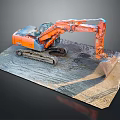Orange Excavator Scale Model With Track Marks On Muddy Platform