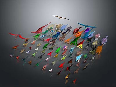 Colorful Dinosaur Models Collection With Various Species And Flying Reptiles Displayed 3d model