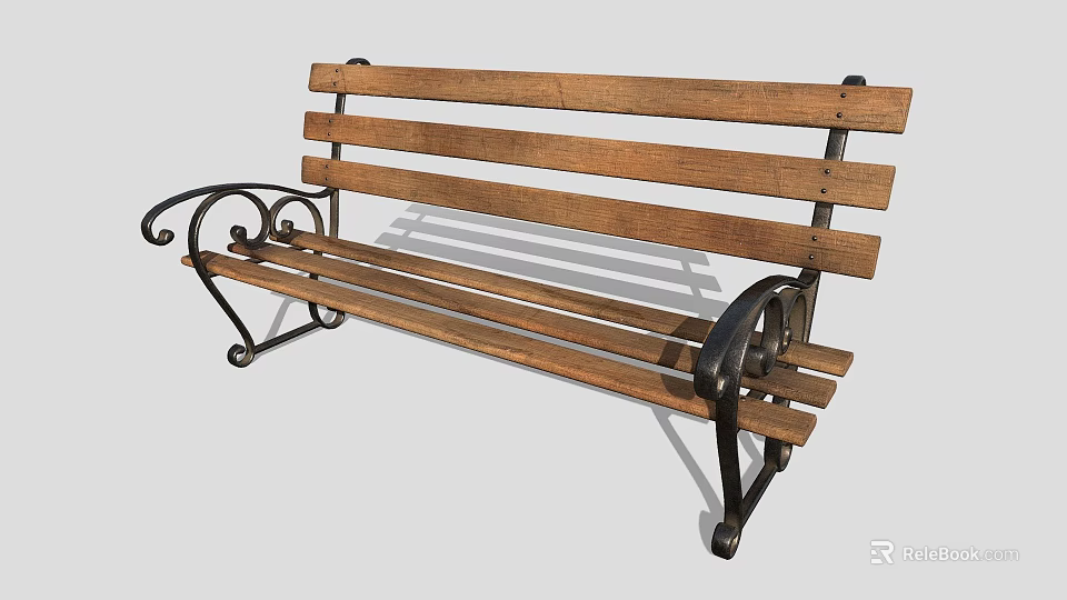 Sturdy Outdoor Wooden Bench With Slatted Seat Back And Metal Armrests Frame 3d model 