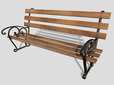 Sturdy Outdoor Wooden Bench With Slatted Seat Back And Metal Armrests Frame 3d model